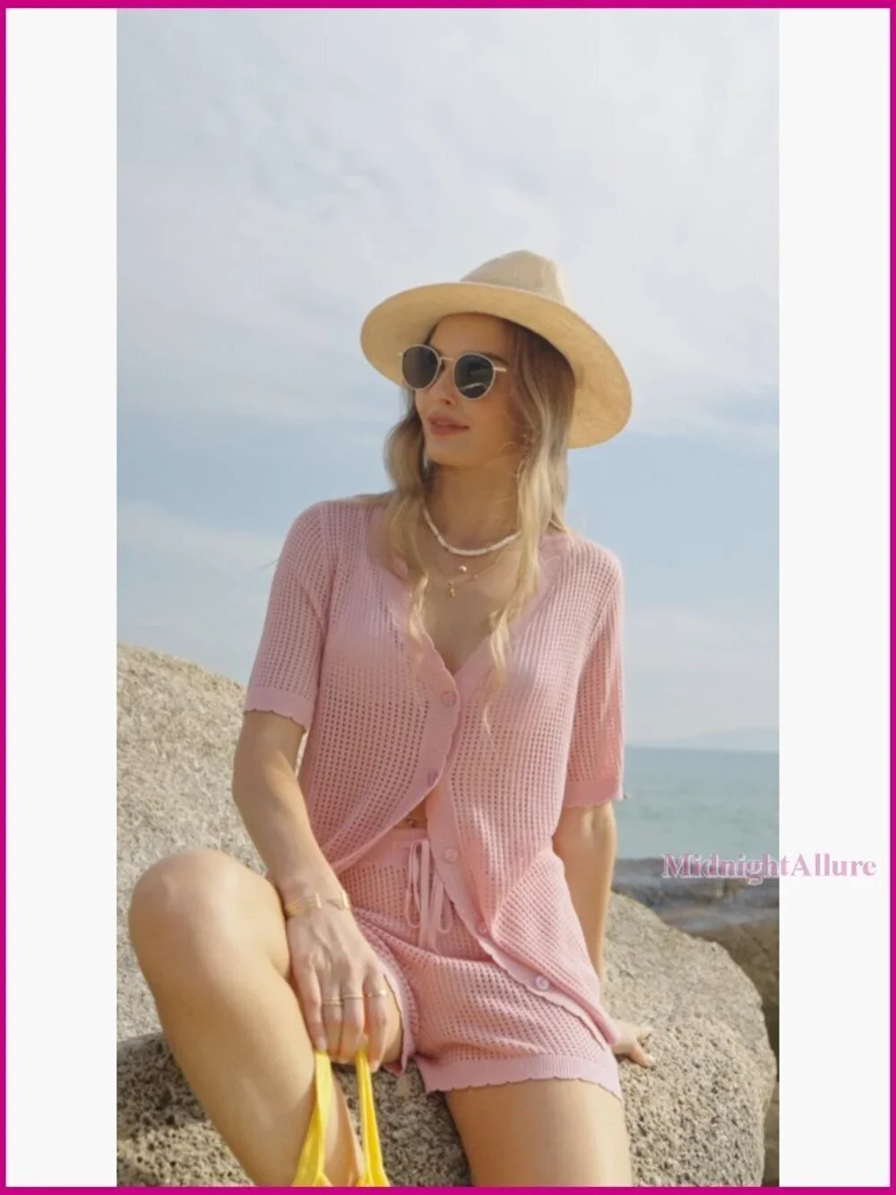 Crochet Swimsuit Coverup Set Short Sleeve V Neck Button Top Drawstring Shorts